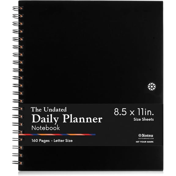 Notsu Undated Daily Planner Notebook | Minimalist Productivity Planner with To Do List, Agenda, Dot Grid, Lined, Notes sections. 160 Pages, Thick Paper 120 gsm, 8.5 x 11 inches, Black