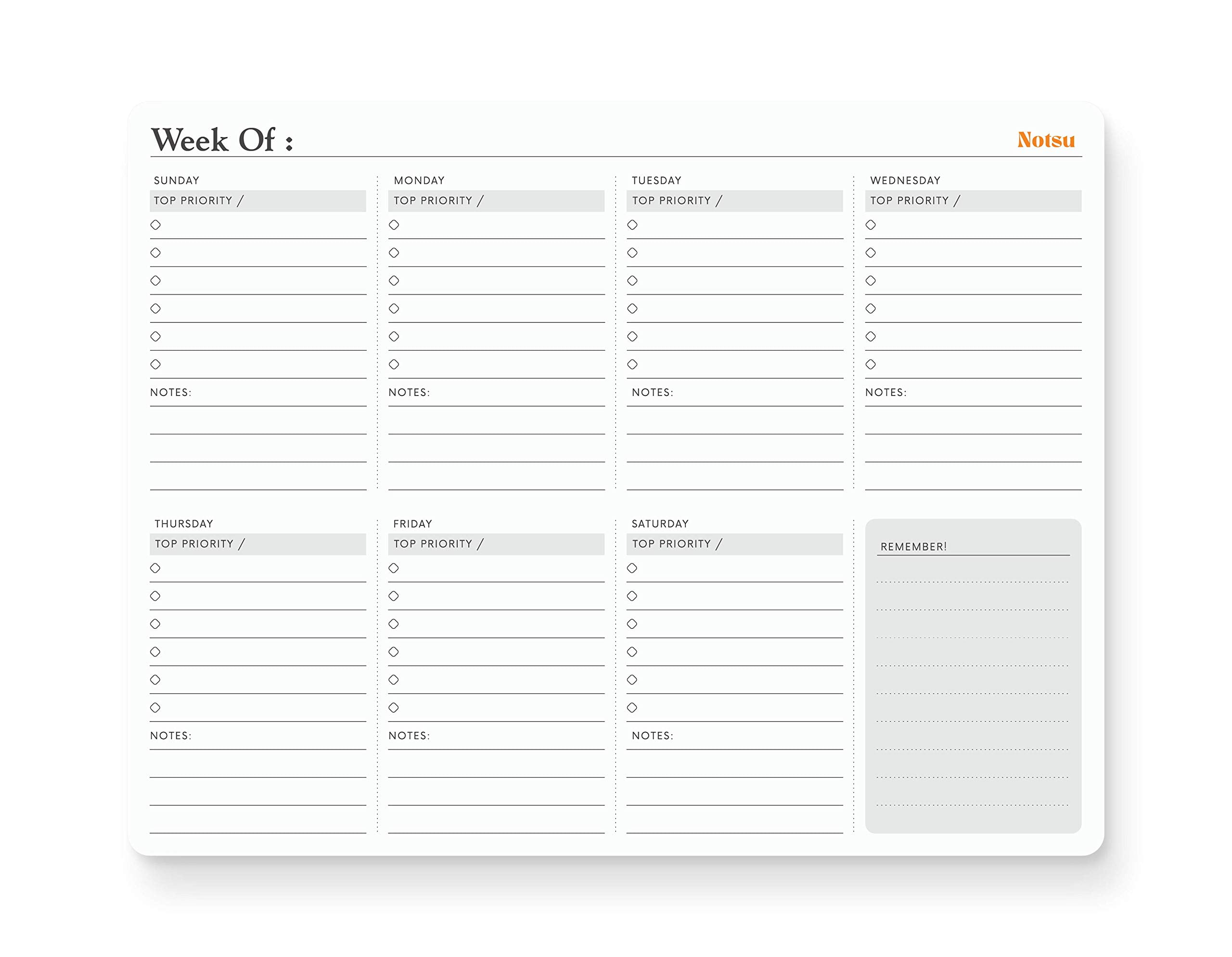 Notsu Weekly Planner Notepad Sunday Start Weekly Calendar Pad Tear