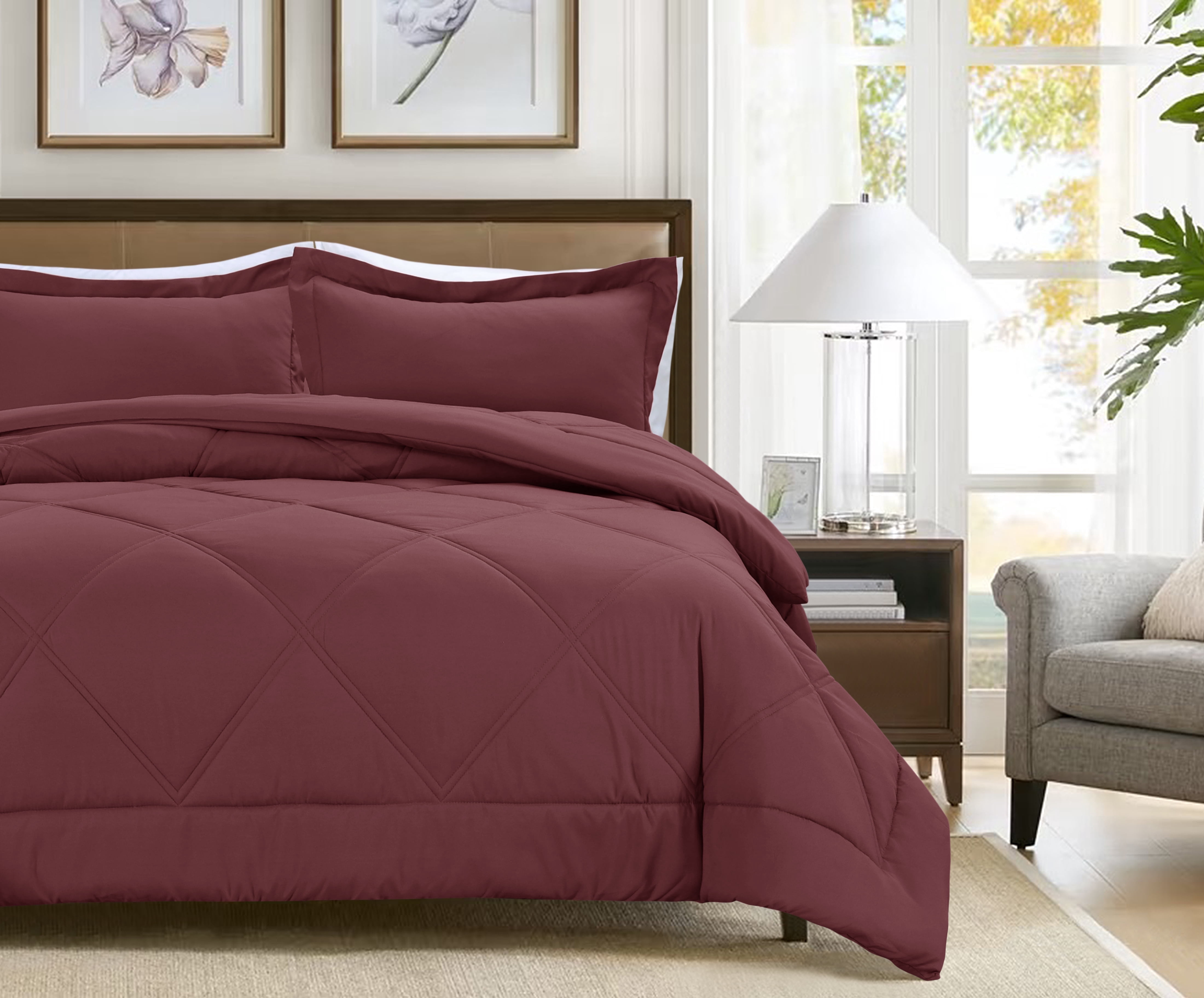Notticasa 3-Piece Bedding Set,Solid Color Diamond Pattern,Soft Quilt Bedding Sets,For All Seasons,Includes 1 Comforter and 2 Pillow Shams,Burgundy,King
