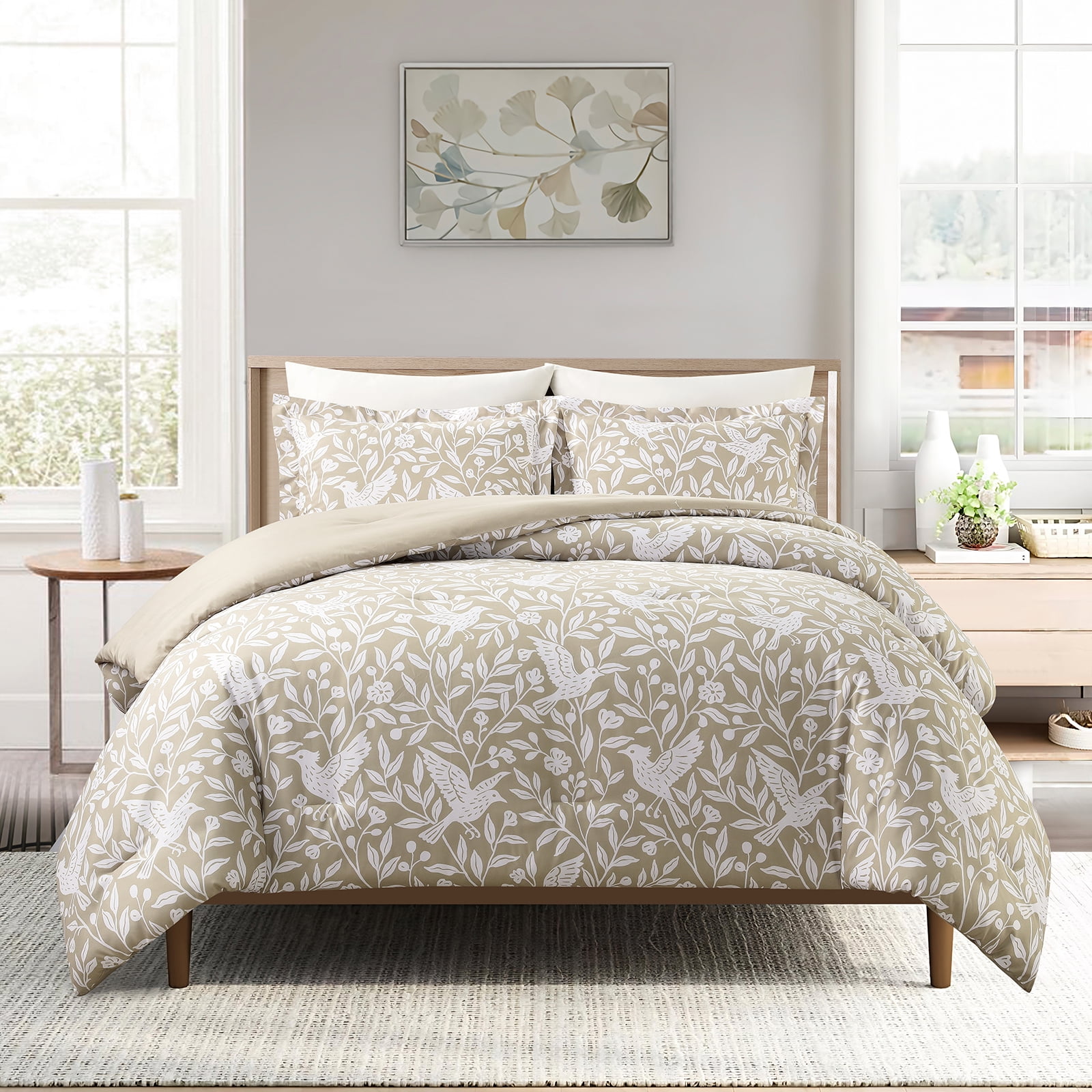 Notticasa 3-Piece Printed Comforter Sets,Beige,Twin,Features a Floral and Peacebird Design, Including a Quilt Cover and Pillowcases