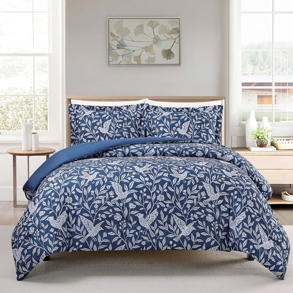 Notticasa 3-Piece Printed Comforter Sets,Navy,Full,Features a Floral and Peacebird Design, Including a Quilt Cover and Pillowcases