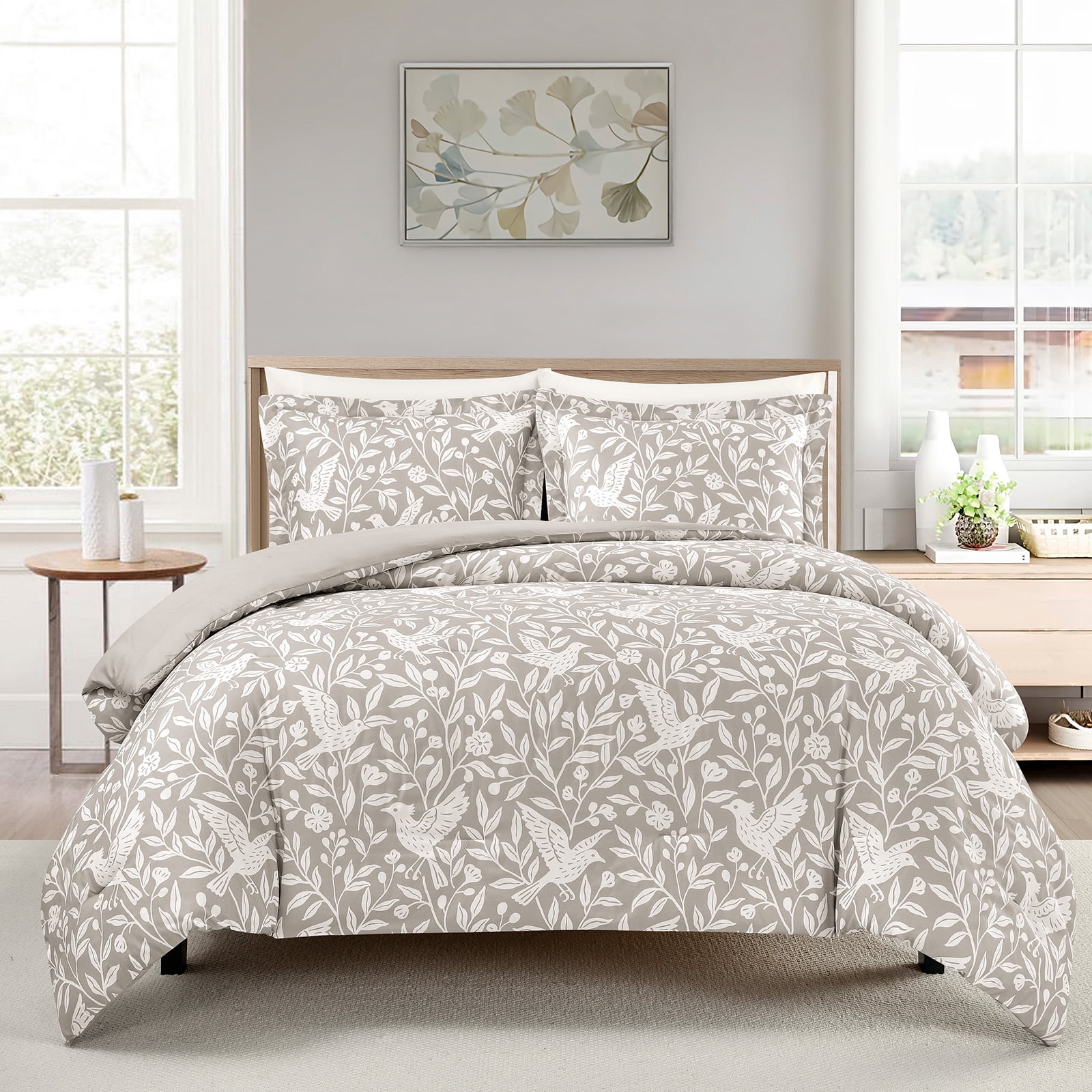 Notticasa 3-Piece Printed Comforter Sets,Gray,Tiwn,Features a Floral and Peacebird Design, Including a Quilt Cover and Pillowcases