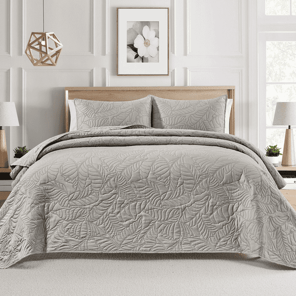 Bourina Ultrasonic Quilt Set 3-Piece,Pre-Washed Microfiber Ultra Soft Lightweight Leaf Bedspread Coverlet Set for All Season, Queen Beige