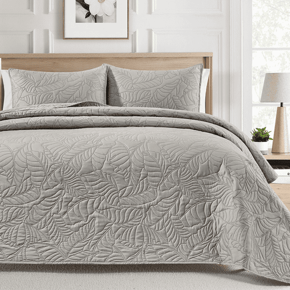 Bourina Ultrasonic Quilt Set 3-Piece,Pre-Washed Microfiber Ultra Soft Lightweight Leaf Bedspread Coverlet Set for All Season, Queen Beige