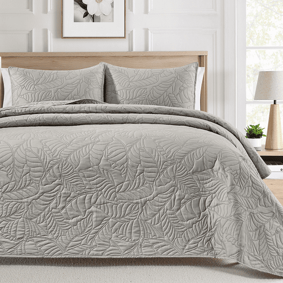 Bourina Ultrasonic Quilt Set 3-Piece,Pre-Washed Microfiber Ultra Soft Lightweight Leaf Bedspread Coverlet Set for All Season, Queen Beige