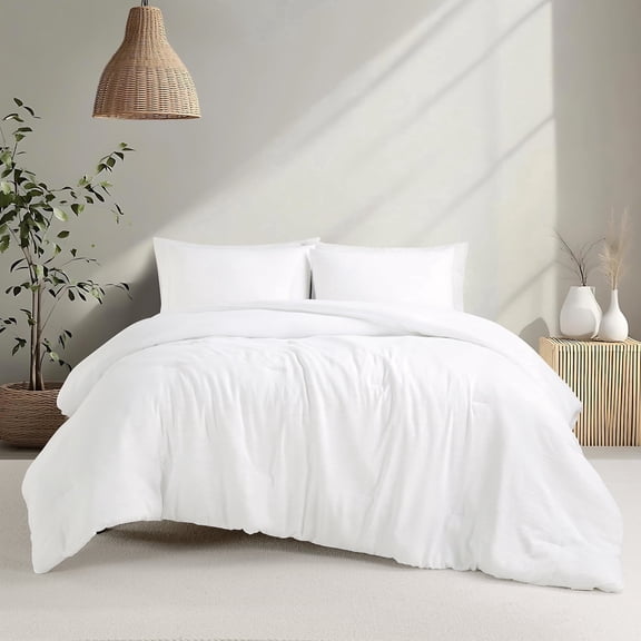 Notticasa Washed Comforter Sets 3 Piece,Soft and Cozy,White,Queen,Washed Textured Wrinkled Design