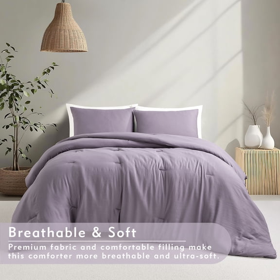 Notticasa Washed Comforter Sets 3 Piece,Soft and Cozy,Purple,Queen,Washed Textured Wrinkled Design