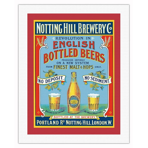 Notting Hill Brewery London - English Bottled Beers - Vintage Advertising Poster c.1899 - Fine Art Rolled Canvas Print (Unframed) 20in x 26in