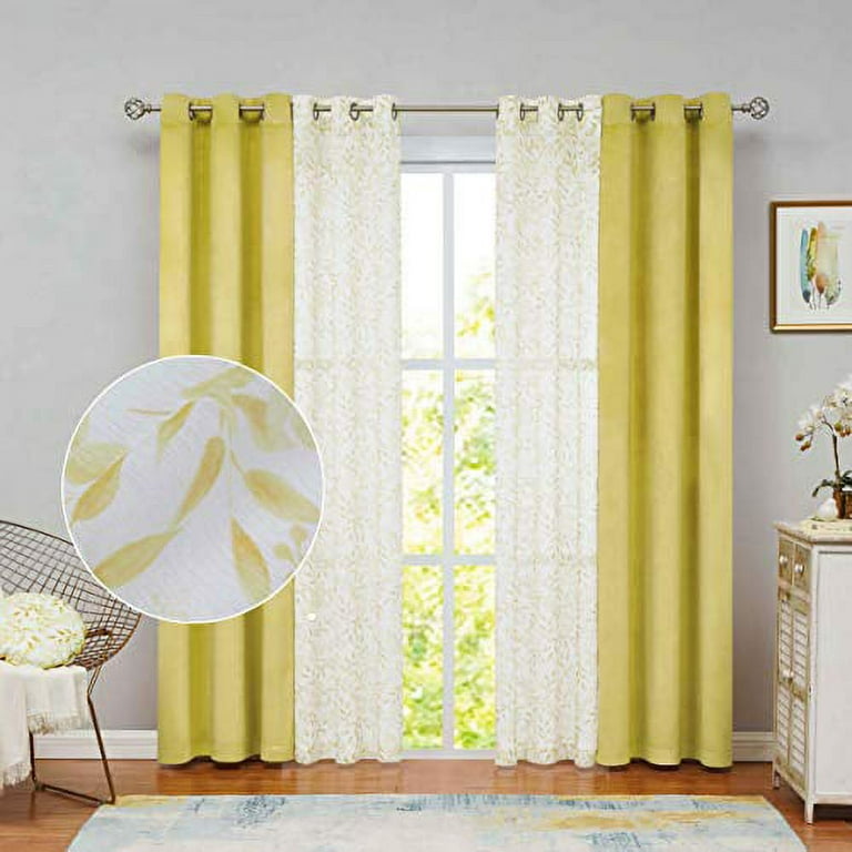 Nottingson Home Room Darkening Velvet Curtains 4 Panels Mustard Yellow 84 Inches Long Mix Match Luxury Farmhouse Leaf Sheer Voile With Ds For Living Bedroom Patio 40x84 36x84 Com