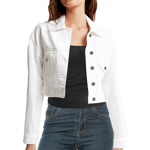 Notus Fashion Women's Fitted Button-Down Denim Jacket: Casual, Soft, and Stylish Long Sleeve Jean Jacket White XXL