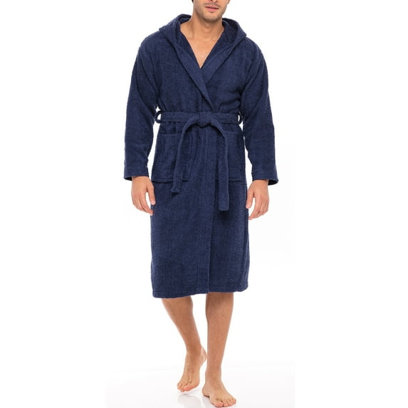 Notus Hooded Bathrobe for Men Soft Spa Nightgowns 100% Cotton Terry robes for Women - Towel Bathrobe Unisex Terry Cloth Bathrobe, Soft Shower Spa Robe Navy L