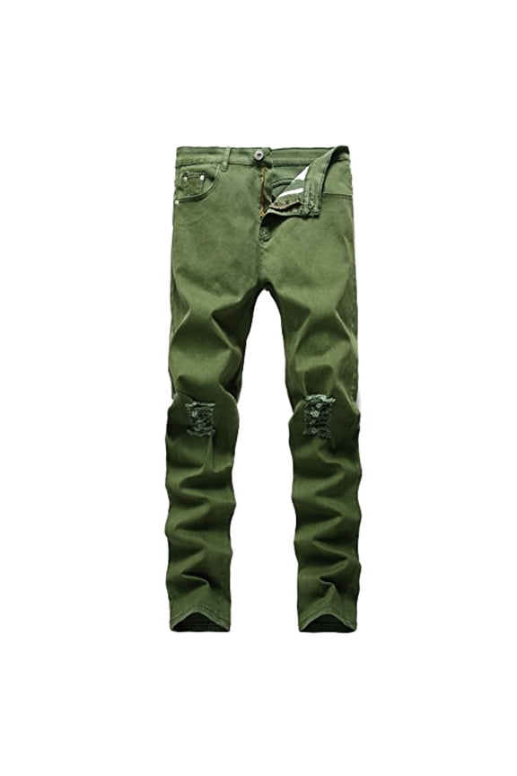 Notus Men Ripped Destroyed Pants - Slim Fit Stretched Skinny Pants for Men, Distressed Straight Leg Regular Fit Denim Jeans Olive W32 x 30L