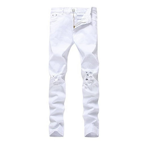 Notus Men Ripped Destroyed Pants - Slim Fit Stretched Skinny Pants for Men, Distressed Straight Leg Regular Fit Denim Jeans White W38 x 34L