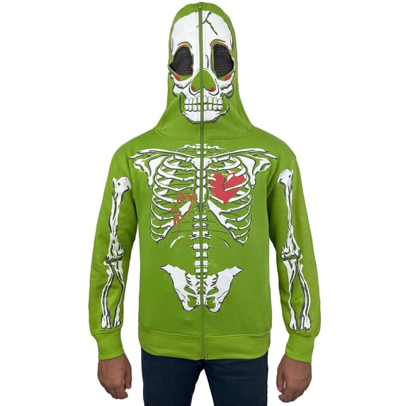 Notus Men’s Full Face Skeleton Skull Zip-Up Hoodie Sweatshirt Perfect for Halloween Costume Long Sleeve Sweatshirt Green M