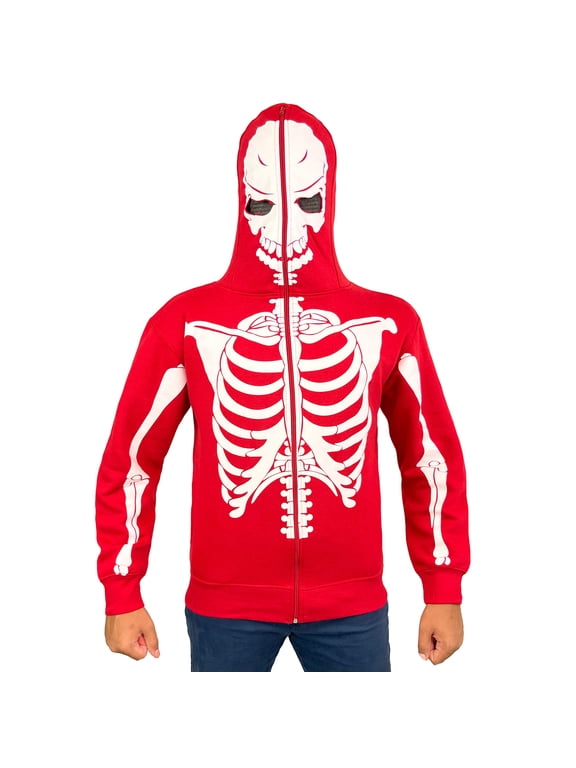 Notus Men’s Full Face Skeleton Skull Zip-Up Hoodie Sweatshirt Perfect for Halloween Costume Long Sleeve Sweatshirt Red XL