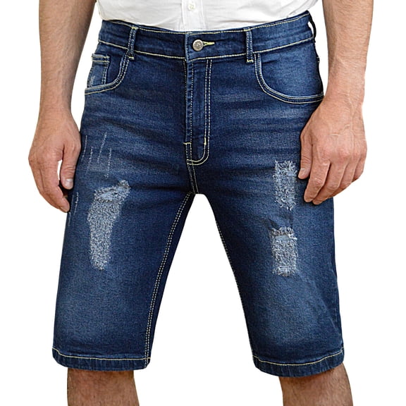 Notus Men's Lightly Distressed Stretch Denim Jean Shorts - Comfortable & Durable Summer Wear NY Blue 34