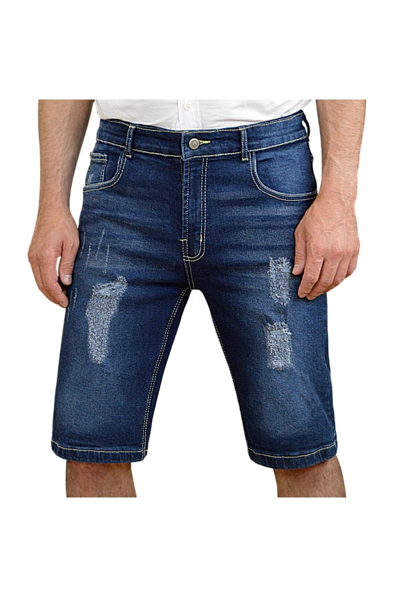 Notus Men's Lightly Distressed Stretch Denim Jean Shorts - Comfortable & Durable Summer Wear NY Blue 34