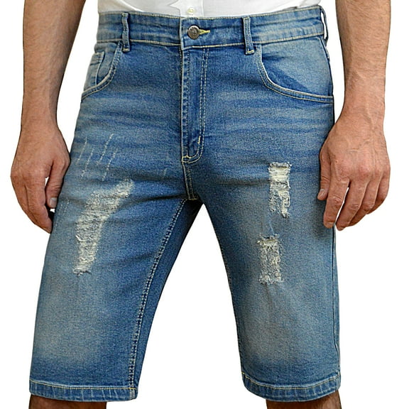 Notus Men's Lightly Distressed Stretch Denim Jean Shorts - Comfortable & Durable Summer Wear Vintage Blue 34