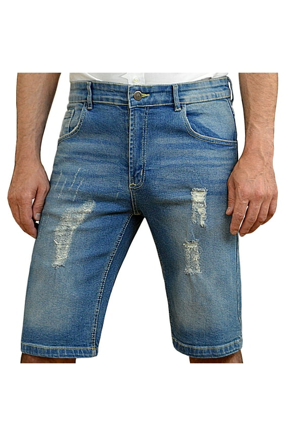 Notus Men's Lightly Distressed Stretch Denim Jean Shorts - Comfortable & Durable Summer Wear Vintage Blue 34