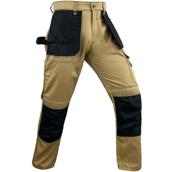 Notus Men's Work Utility & Safety Pants Reinforced Cordura Knee Tactical Pants Utility Tools Holster Pockets workwear pants Khaki 38-34