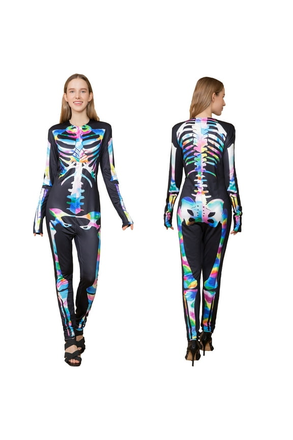 Notus Skeleton Bodysuits for Halloween Women's Sexy Skeleton Costume Cosplay Bodysuit Outfit Zip Up Jumpsuit Iridescent L