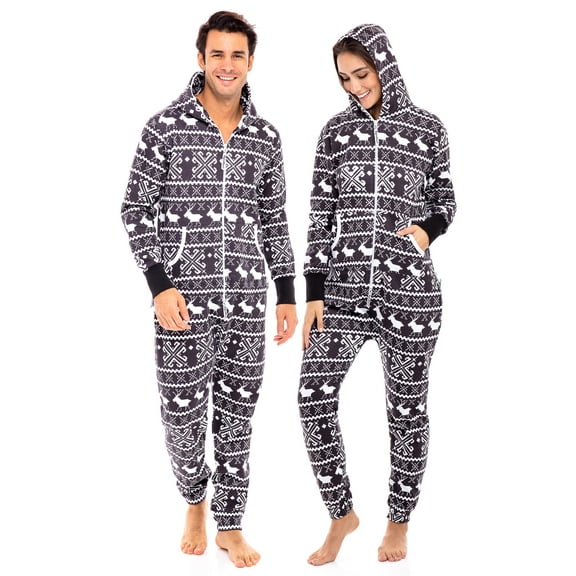 Notus Unisex Adult Fleece Hooded Zip Up One Piece Pajama Jumpsuit Sleepwear & Loungewear Reindeer S
