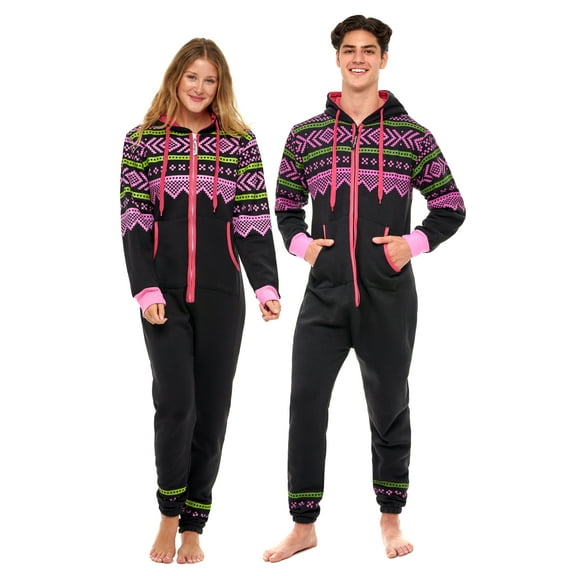 Notus Unisex Adult One Piece Pajama Hooded Zip Sleepwear Jumpsuit for Men and Women Aztec Black Pink M