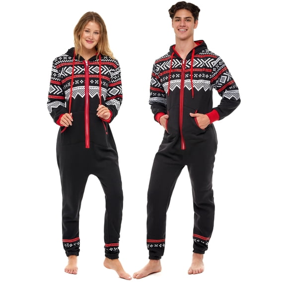 Notus Unisex Adult One Piece Pajama Hooded Zip Sleepwear Jumpsuit for Men and Women Black Red Stripes S