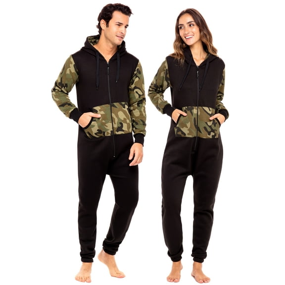 Notus Unisex Adult One Piece Pajama Hooded Zip Sleepwear Jumpsuit for Men and Women Green Camo Arms Black L