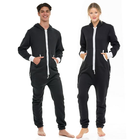 Notus Unisex Adult Onesie One Piece Pajama Romper Hooded Zip Sleepwear Jumpsuit for Men and Women Black L