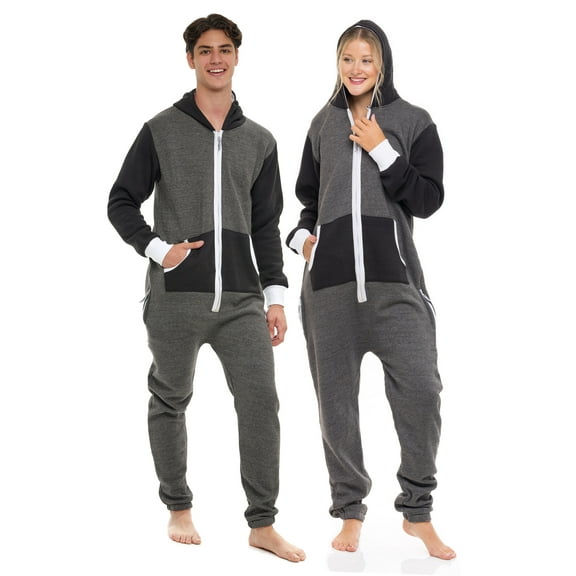 Notus Unisex Adult 0nesie One Piece Pajama Romper Hooded Zip Sleepwear Jumpsuit for Men and Women Char & Black L