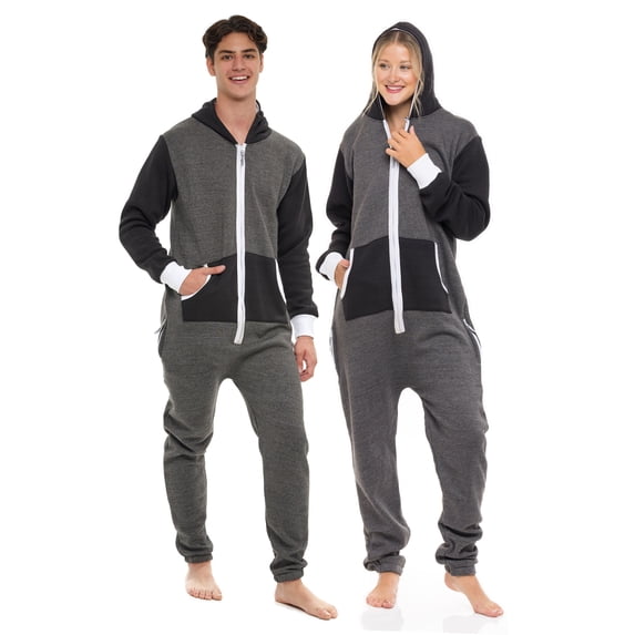 Notus Unisex Adult 0nesie One Piece Pajama Romper Hooded Zip Sleepwear Jumpsuit for Men and Women Char & Black S