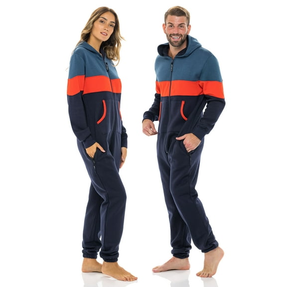 Notus Unisex Adult 0nesie One Piece Pajama Romper Hooded Zip Sleepwear Jumpsuit for Men and Women Dark Navy Orange S