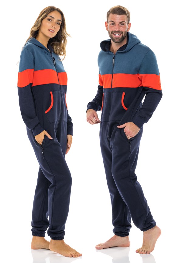 Notus Unisex Adult 0nesie One Piece Pajama Romper Hooded Zip Sleepwear Jumpsuit for Men and Women Dark Navy Orange S