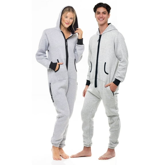 Notus Unisex Adult 0nesie One Piece Pajama Romper Hooded Zip Sleepwear Jumpsuit for Men and Women Grey Black-Tape L