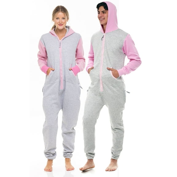 Notus Unisex Adult 0nesie One Piece Pajama Romper Hooded Zip Sleepwear Jumpsuit for Men and Women Grey Pink L