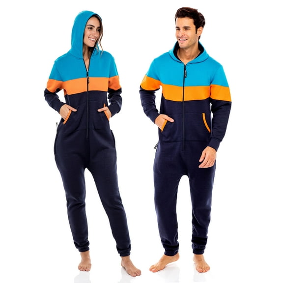 Notus Unisex Adult 0nesie One Piece Pajama Romper Hooded Zip Sleepwear Jumpsuit for Men and Women Light Navy Orange L