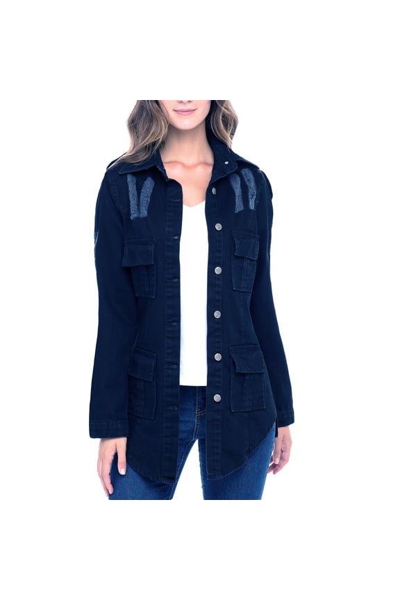 Notus Women's Casual Slim Distressed Long Sleeve Denim Lapel Jacket Windbreaker Outercoat Admiral Blue M