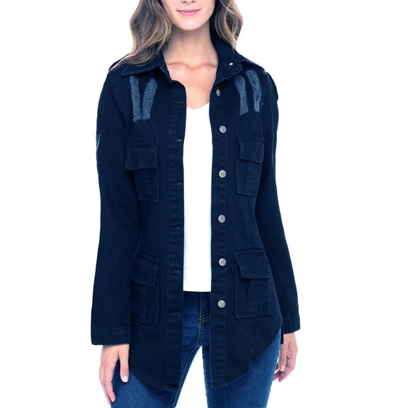 Notus Women's Casual Slim Distressed Long Sleeve Denim Lapel Jacket Windbreaker Outercoat Admiral Blue XL