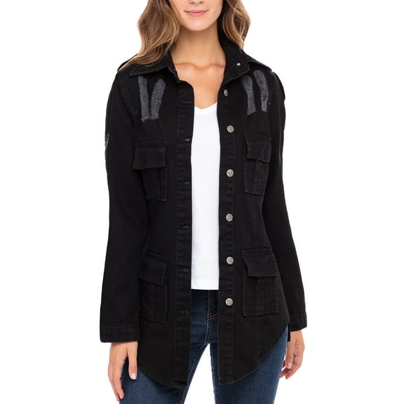 Notus Women's Casual Slim Distressed Long Sleeve Denim Lapel Jacket Windbreaker Outercoat Black L
