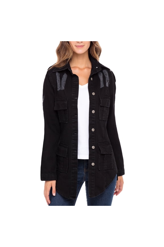 Notus Women's Casual Slim Distressed Long Sleeve Denim Lapel Jacket Windbreaker Outercoat Black L