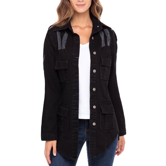 Notus Women's Casual Slim Distressed Long Sleeve Denim Lapel Jacket Windbreaker Outercoat Black S