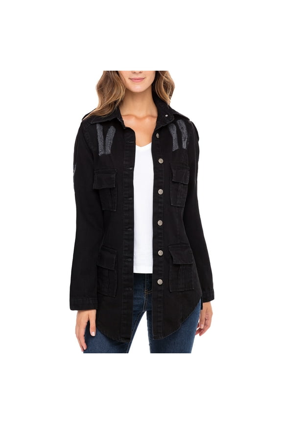 Notus Women's Casual Slim Distressed Long Sleeve Denim Lapel Jacket Windbreaker Outercoat Black XL