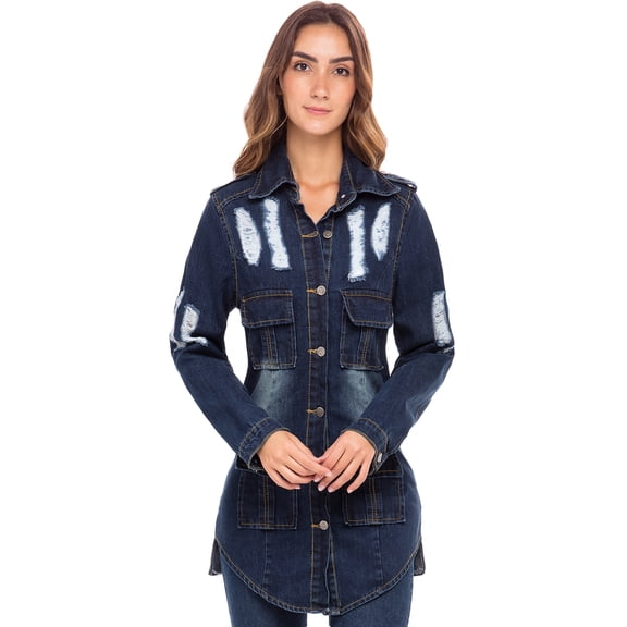 Notus Women's Casual Slim Distressed Long Sleeve Denim Lapel Jacket Windbreaker Outercoat Dark Blue XL