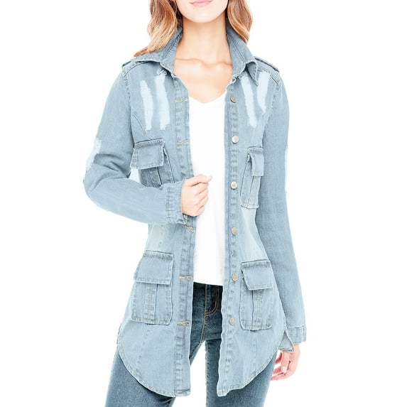 Notus Women's Casual Slim Distressed Long Sleeve Denim Lapel Jacket Windbreaker Outercoat Light Blue L
