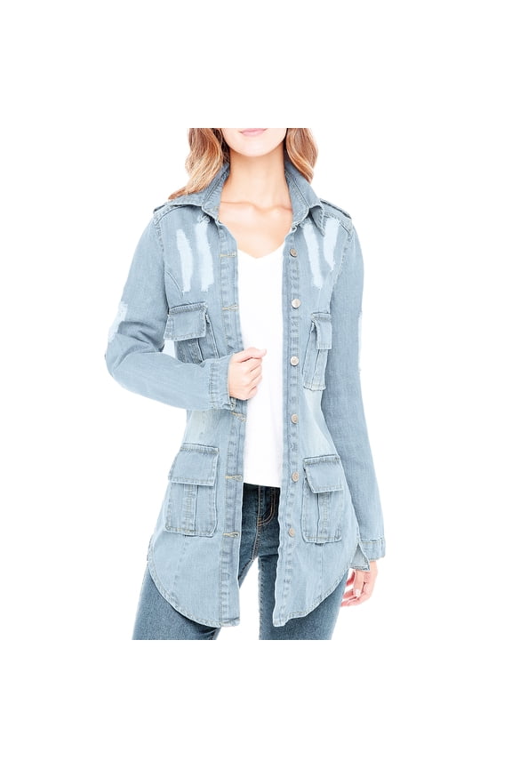 Notus Women's Casual Slim Distressed Long Sleeve Denim Lapel Jacket Windbreaker Outercoat Light Blue XXL