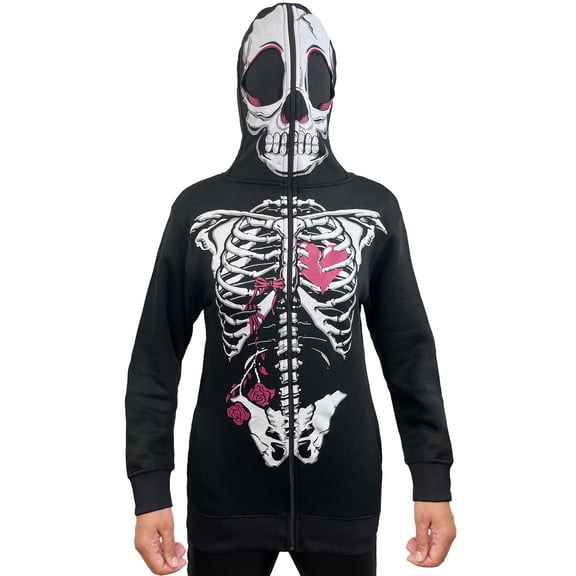 Notus Women’s Full Face Skeleton Skull Zip-Up Hoodie Sweatshirt Perfect for Halloween Costume Long Sleeve Sweatshirt Black XL