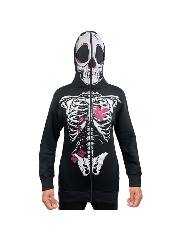 Notus Women’s Full Face Skeleton Skull Zip-Up Hoodie Sweatshirt Perfect for Halloween Costume Long Sleeve Sweatshirt Black XL