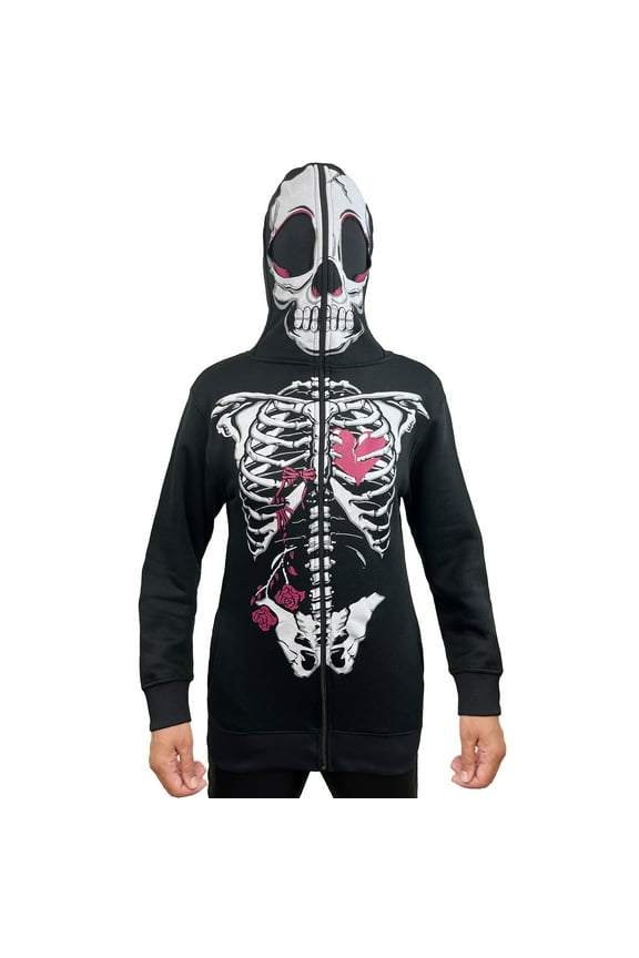 Notus Women’s Full Face Skeleton Skull Zip-Up Hoodie Sweatshirt Perfect for Halloween Costume Long Sleeve Sweatshirt Black XL