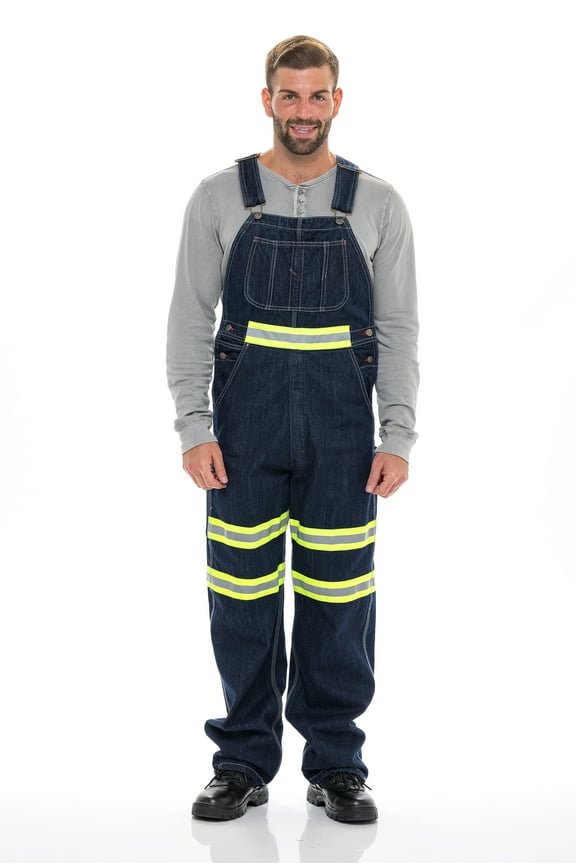 Men's Hi-vis Bib Overall Denim Heavy-Duty Workwear With Reflective Stripes Multi-Pockets Jeans Dungaree Green Dark Blue W32-L30